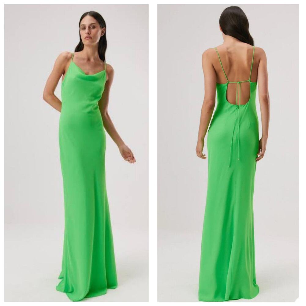 Misha Elowen Georgette Maxi Dress Size Lime Green Mesh Tie Back Lightweight